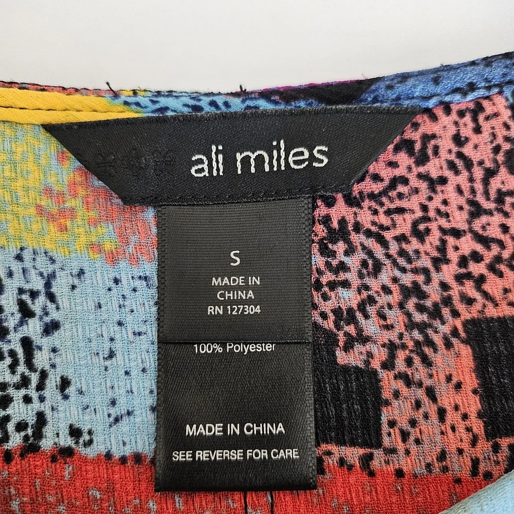 Ali Miles Small Tunic Top multi color bell sleeves pleated designer - Picture 4 of 10